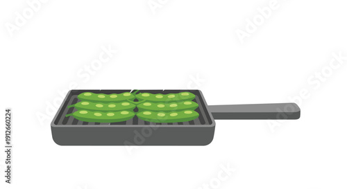 A clean illustration features vibrant green pea pods on a dark gray ribbed grill pan, representing healthy vegetarian cooking and fresh produce