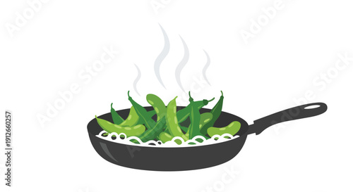 Nutritious green pods steaming in a pan, symbolizing fresh healthy culinary preparation