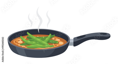 A modern illustration depicting a steaming hot frying pan, brimming with a hearty, flavorful stew and crisp green beans. This culinary scene evokes
