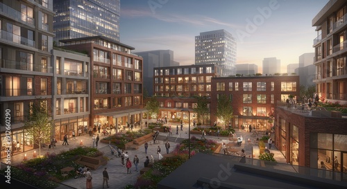 Modern urban complex with buildings, people, and vehicles in a bustling cityscape at dusk with various architectural styles