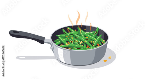 A vibrant illustration of fresh green string beans gently steaming within a sleek kitchen saucepan prepared for a wholesome and healthy meal
