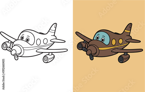 Small propeller airplane flying in sky for children simple line art cartoon drawing for kids