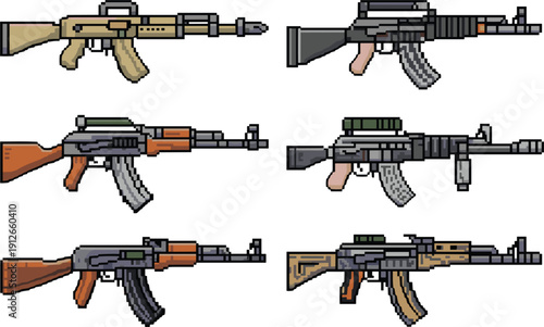Pixel art assault rifle collection, military weapon set with various gun designs, gaming asset, vector