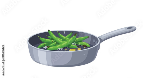 Fresh green pods gently simmering in a sleek non-stick pan, illustrating healthy vegetarian cooking for a wholesome meal preparation, vibrant
