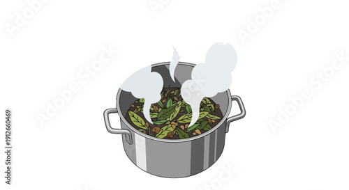 Simmering Pot of Herbal Infusion Producing Aromatic Steam on White Background