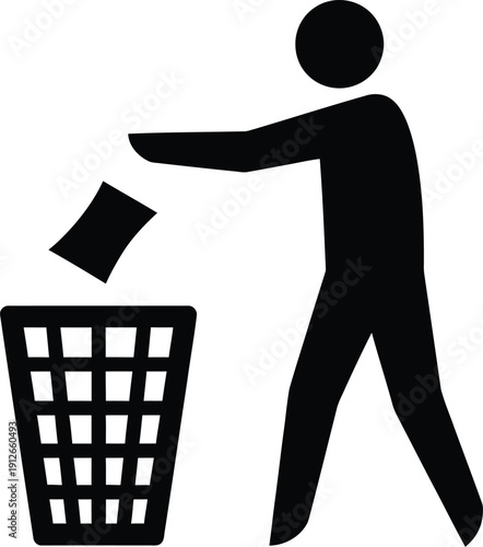 Black and white pictogram of a person throwing litter into a waste basket for disposal.