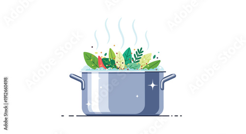 A vibrant illustration of a healthy meal being prepared, with fresh greens and vegetables steaming in a modern cooking pot, symbolizing nutritious