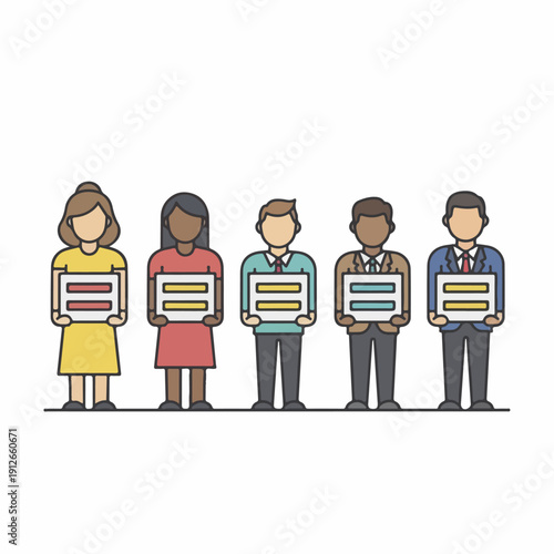 Diverse group of people holding signs in a line, promoting unity and social justice on a white background. Perfect for social justice day, activism campaigns, and equality movements