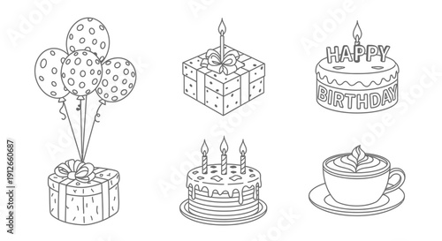 Birthday Celebration Icons: Balloons, Gifts, Cake, Coffee - Line Art Vector Set