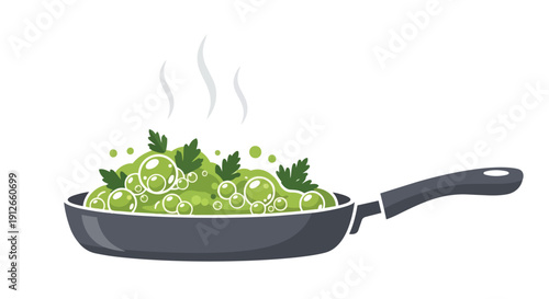 Healthy green concoction gently bubbling in a sleek cooking pan, garnished with fresh herbs. Warm steam rises, signifying a wholesome, freshly