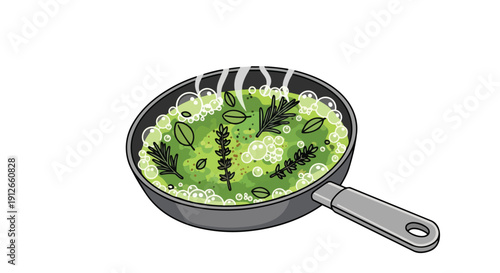 Herbs simmering in a pan, creating an aromatic and flavorful cooking essence.
