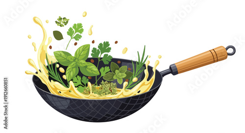 Dynamic illustration capturing fresh aromatic herbs and diverse spices elegantly tossed within a classic stir-fry wok, highlighted by a vibrant