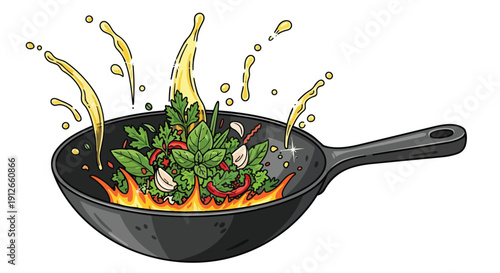 Vibrant culinary illustration showcasing fresh herbs spices garlic chili peppers and sizzling oil in a hot pan over dynamic flames creating an