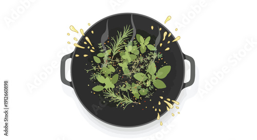 Fresh aromatic herbs sizzling in a hot pan with olive oil splashes, a culinary preparation illustration