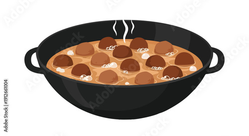 Hearty illustration of steaming meatballs simmering in a rich savory sauce within a rustic cooking pot perfect for a comforting meal