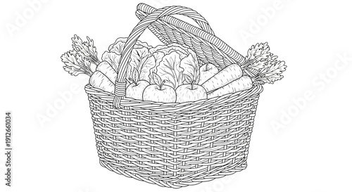 Wicker Basket Overflowing with Fresh Fruits and Vegetables, Healthy Food Illustration