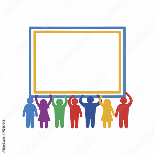 A group of diverse people holding up a large blank sign with a blue and orange border on a white background. Perfect for social justice day, activism campaigns, and awareness programs