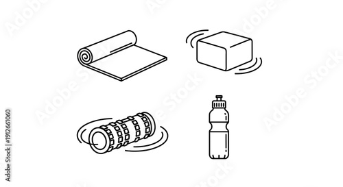 Yoga and Fitness Equipment Icons: Mat, Block, Roller, Water Bottle