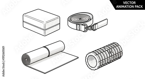 Yoga and Fitness Equipment Vector Set: Mat, Block, Strap, Foam Roller