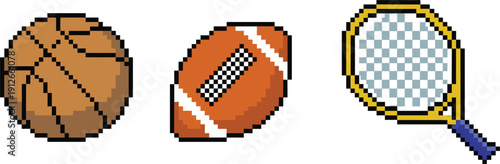 Pixel art sports equipment set with basketball, rugby ball, and tennis racket icons, game asset, vector