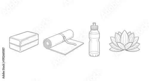 Yoga Essentials: Mat, Block, Water Bottle, and Lotus Flower Illustration