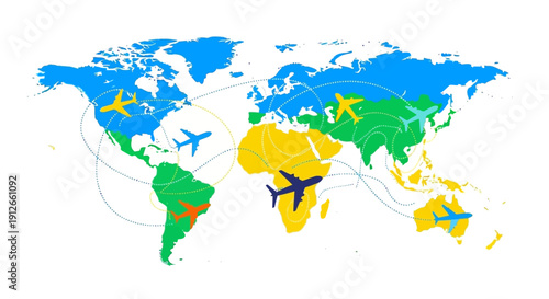 Illustration of a global tourism resilience concept with a colorful world map, icons of planes, trains, and ships, symbolizing travel and comeback on Global Tourism Resilience Day.