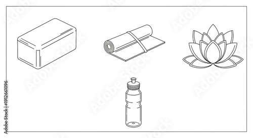 Yoga and Wellness Essentials: Mat, Block, Water Bottle, and Lotus Flower Icon