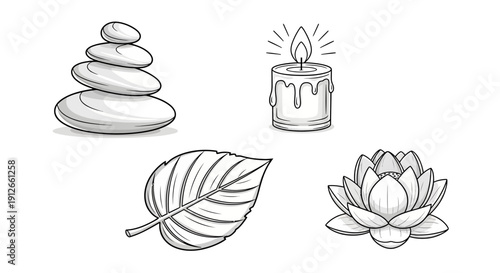 Zen spa elements: stacked stones, lit candle, lotus flower, and leaf illustration