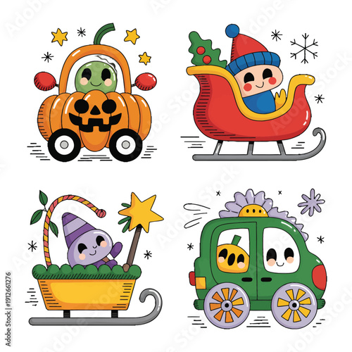 Festive Vehicles: A collection of cute, cartoonish vehicles, each embodying a different holiday or theme, from a pumpkin-themed car to a sleigh, evoke a sense of festive cheer and playful wonder.
