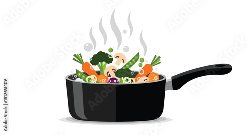 Nutritious mixed vegetables steaming in a saucepan, depicting healthy meal preparation with fresh ingredients.