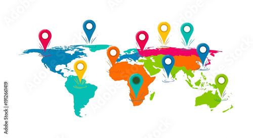 Illustration of a colorful world map with various location markers, symbolizing global tourism resilience and travel comeback on a playful motion ready concept for Global Tourism Resilience
