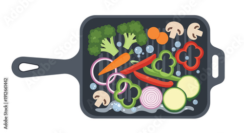 Vibrant vector illustration showcasing a delightful array of fresh, wholesome vegetables artfully arranged on a sizzling grill pan, perfect for