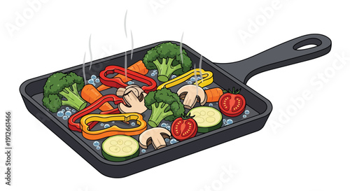 Vibrant assorted vegetables actively cooking in a sizzling grill pan for a delicious and nutritious meal. Fresh produce cooking graphic artwork.