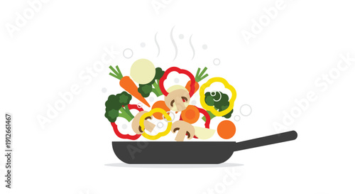 A vibrant culinary composition showcasing freshly sliced vegetables including bell peppers, mushrooms, carrots, and broccoli steaming in a dark