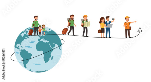 Illustration of diverse people with luggage traveling around the globe, symbolizing tourism resilience and a joyful comeback, with a playful motion graphic design on a white background.