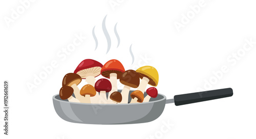 Vibrant assorted mushrooms sizzling and steaming in a frying pan ready for a delicious meal.
