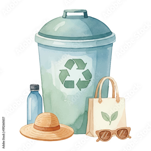 Recycling Bin with Eco Items, Sustainable Living Concept, Watercolor Vector Illustration Isolated on White
