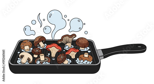 Fresh cultivated mushrooms sizzling in a heated grill pan creating delicious steam an inviting culinary scene