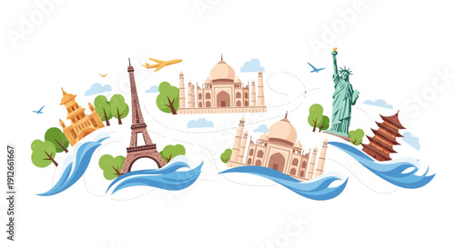 Illustration of a global tourism comeback concept with iconic landmarks and a playful motion ready design on a white background, symbolizing resilience and travel.