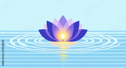 Serene Lotus Flower Floating on Water with Ripples and Sun Reflection