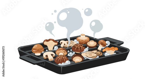 Assorted mushrooms sizzling on a grill pan with rising steam, illustrating a delicious and healthy cooking process for a flavorful fungi dish that's