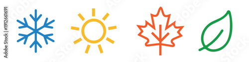 Seasonal Weather and Nature Icons Set – Snowflake, Sun, Autumn Leaf and Green Leaf Symbols