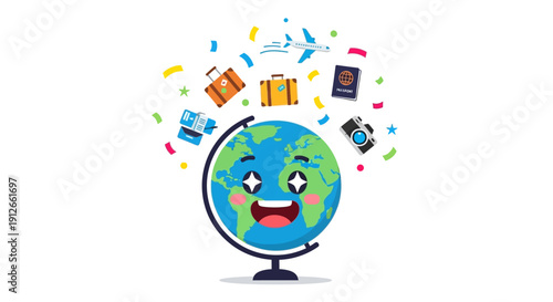 Illustration of a happy globe with a smiling face surrounded by travel-related icons, symbolizing global tourism resilience and comeback on a playful motion ready concept for Global Tourism