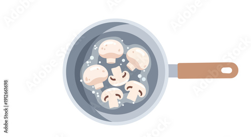 Flat illustration of white mushrooms cooking in a pan simple food preparation for a wholesome dish
