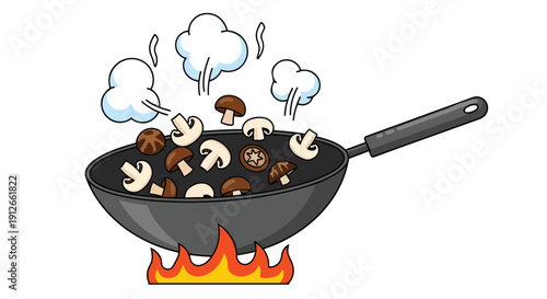 Fresh mushrooms sautéing in a hot wok over an open flame, creating delicious culinary aromas and steam