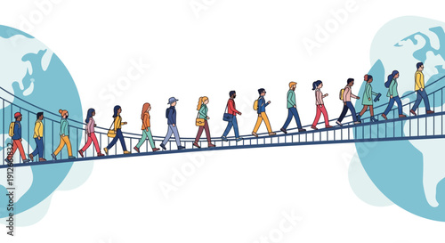 Illustration of diverse people walking on a bridge between two globes, symbolizing global tourism resilience and travel comeback on a playful motion ready concept for Global Tourism