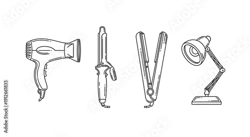 Set of Hair Styling Tools and Desk Lamp: Hair Dryer, Curling Iron, Straightener, Lamp