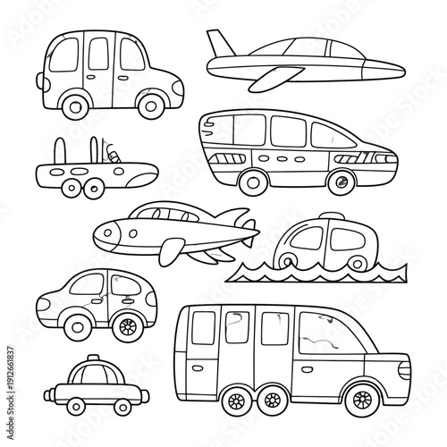 Vehicles Collection : A whimsical compilation of transportation, each outlined in a clean style, perfect for illustrating movement and travel themes.
