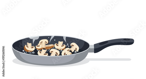 Sautéing fresh sliced mushrooms in a hot non-stick pan, depicting a delicious culinary process for various healthy recipes and gourmet cooking