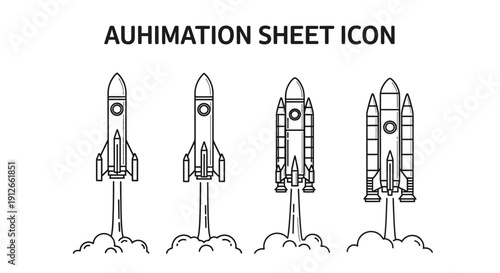Set of four rocket launch icons, line art, white background